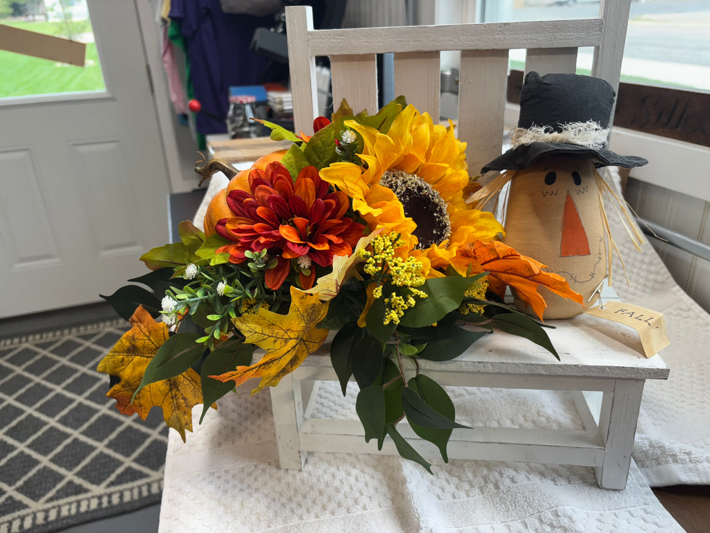Bench with floral arrangement